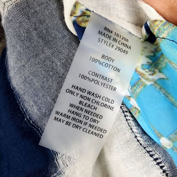 SOFT SURROUNDINGS Blue and White Plaid Pattern Floral Print Button Down Blouse - Picture 5 of 6